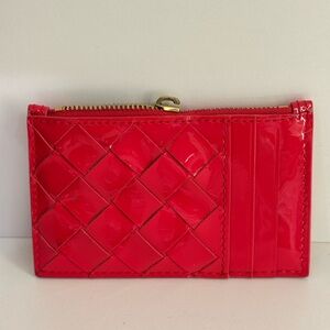 Pre Owned Bottega Veneta Red Patent Leather Woven Card Holder Wallet